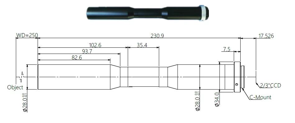 물체측 텔레센트릭 렌즈, 0.8x, 250 mm 작동 거리, 2/3" (LS-MY-08-250-MP)