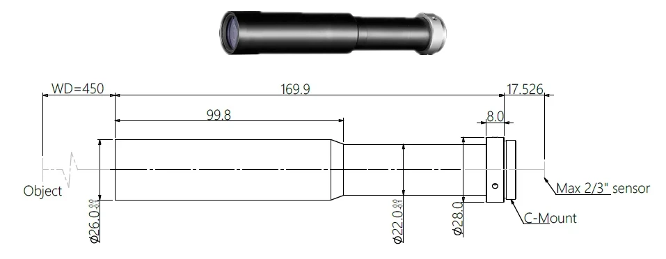 物体側テレセントリックレンズ、0.6x、450 mm WD、2/3" (LS-MY-06-450)
