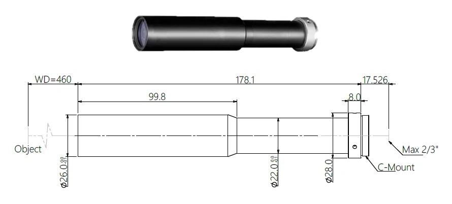 Objektseitiges telezentrisches Objektiv, 0.7x, 460 mm Arbeitsabstand, 2/3" (LS-MY-07-460)