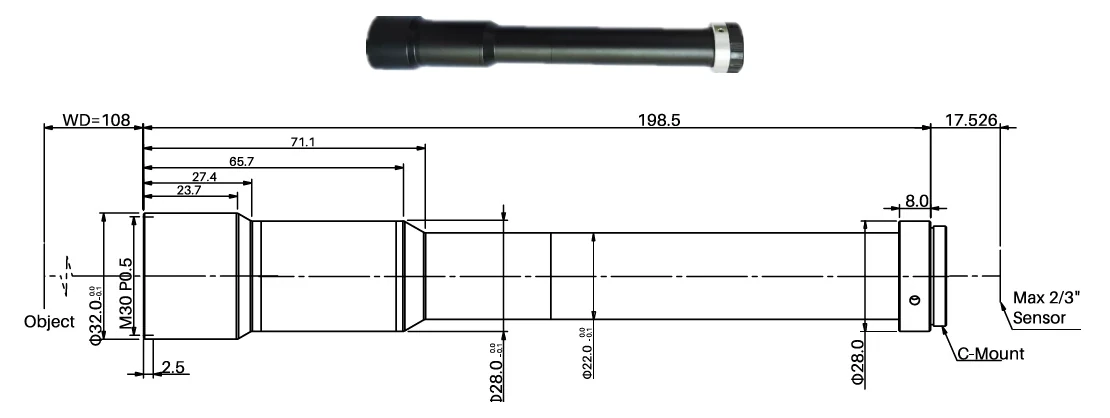 Objektseitiges telezentrisches Objektiv, 8x, 108 mm Arbeitsabstand, 2/3" (LS-MY-8-108)